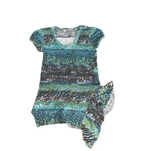 L.E.I. Tunic Top Girls L 10/12 Blue Animal Print Asymmetrical Hem Y2K Boho